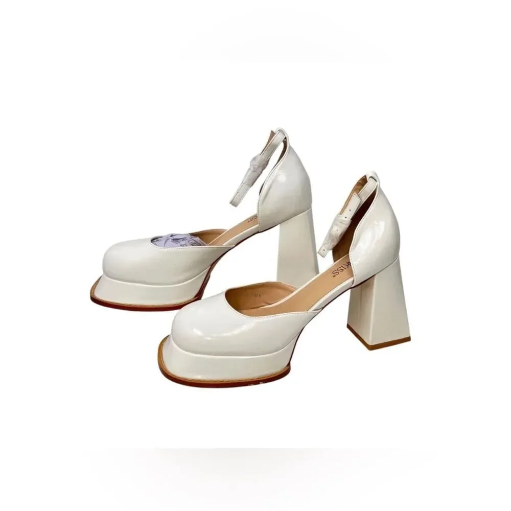 White Platform Block Heel Pumps Minimalist Square Toe Ankle Strap Size 9.5